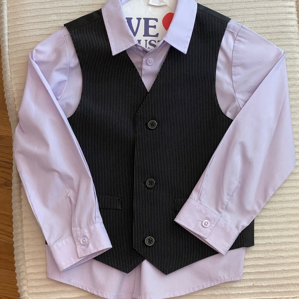 Kids dress shirt (lavender) with black pinstripe vest.